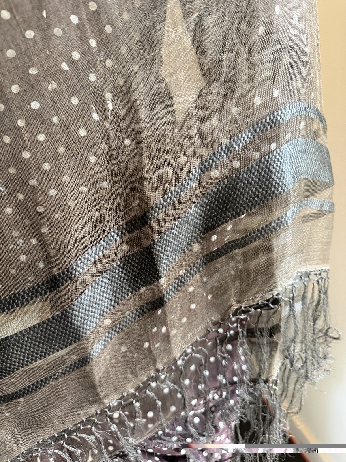 ANTIQUE 1860 CIVIL WAR ERA SHEER SILK FRINGED SHAWL WITH RIBBON WEAVE DETAIL