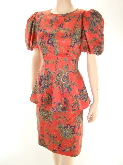 VTG 80s Silky Red Paisley Balloon Sleeve Slim Skirt Suit 2 Piece Dress S/M