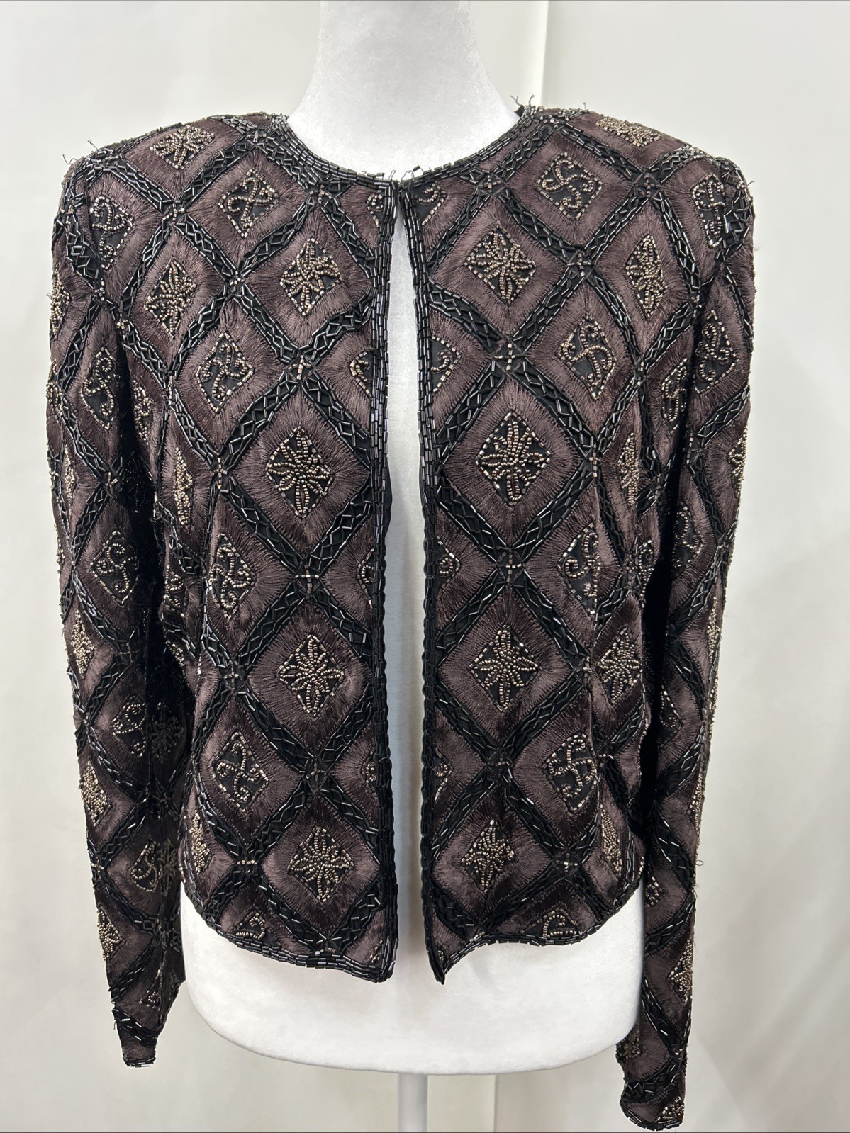 Vintage 1990s Black Tie Oleg Cassini Embellished Beaded Sequin Silk Jacket Sz S