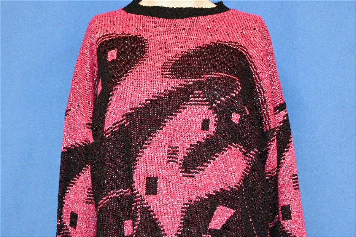 vintage 80s HOT PINK BLACK GLITTER SPARKLY ABSTRACT GEOMETRIC SWEATER WOMEN’S L