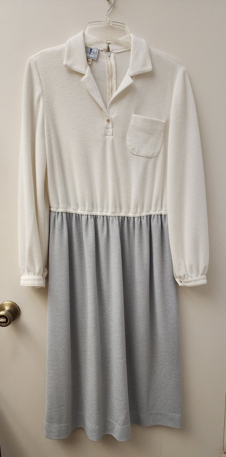 VTG 70s Union Made Gray And White Two Tone 100% Polyester Office Dress Size 16