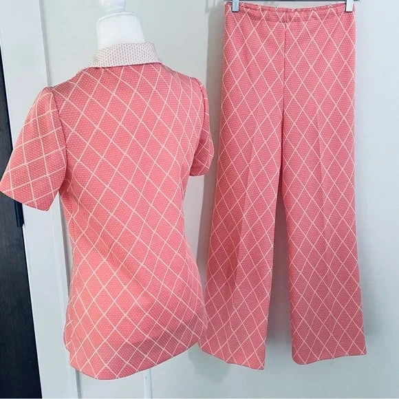 Vintage 1970’s Pink and White Polka Dot Knit Pant Suit by Marty Gutmacher