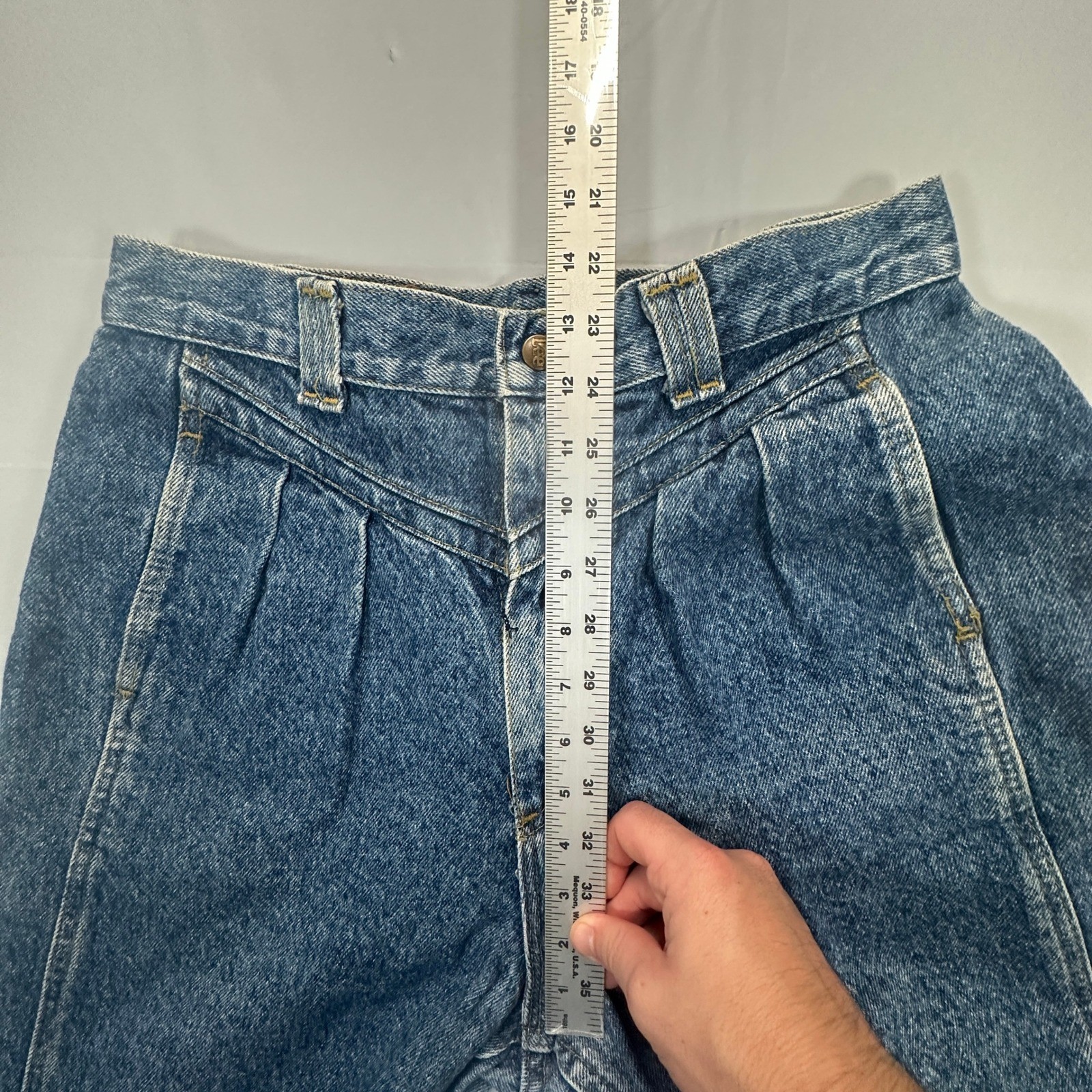 Vintage Lee High Waisted Pleated Mom Jeans Medium Wash Tapered Leg USA Made 16.5