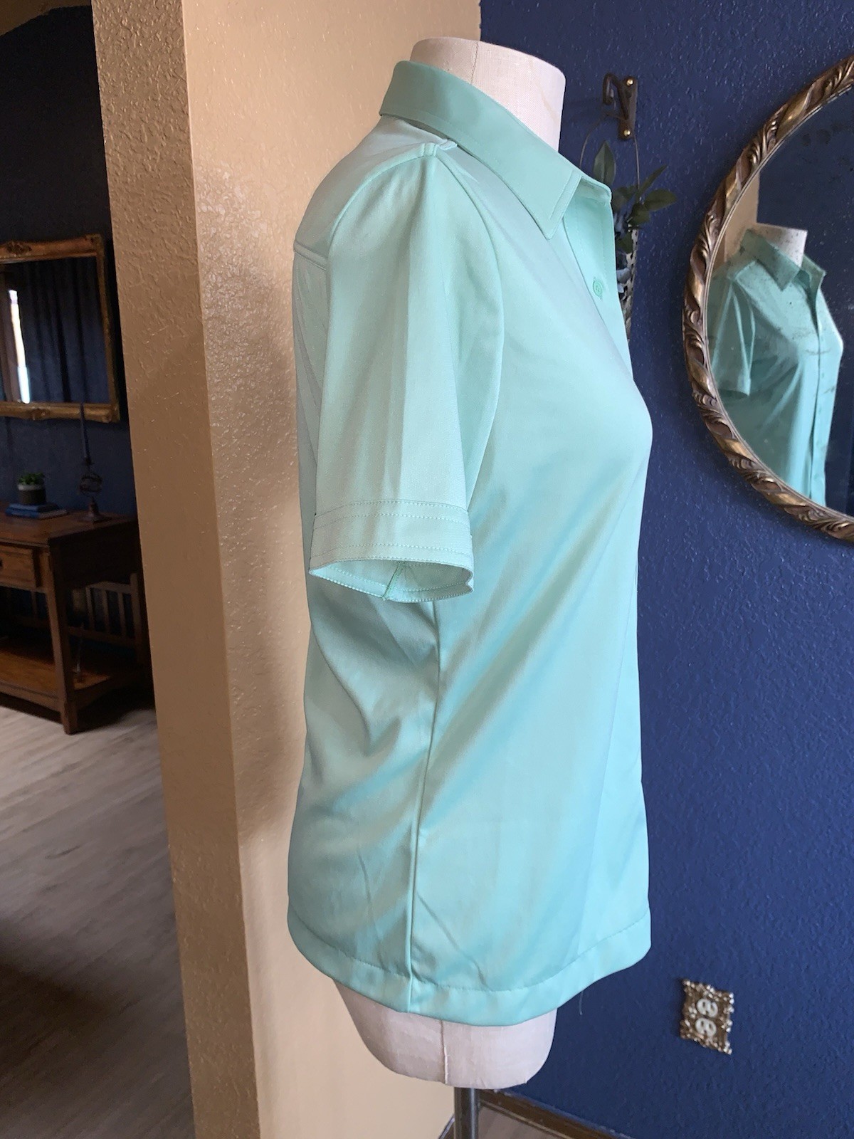 C1 80s Mint Green Button Up Blouse Short Sleeve Pointed Collar SZ 16 M/L SEARS