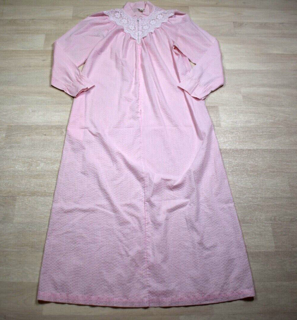 80s Full Floor Length Housecoat Bed Jacket House Dress Pink VTG Stripe