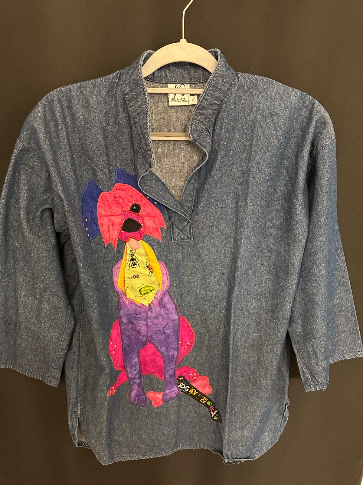 VTG Alfredo’s Wife Wearable Art Whimsical Dog Applique Denim Tunic SZ S OOAK
