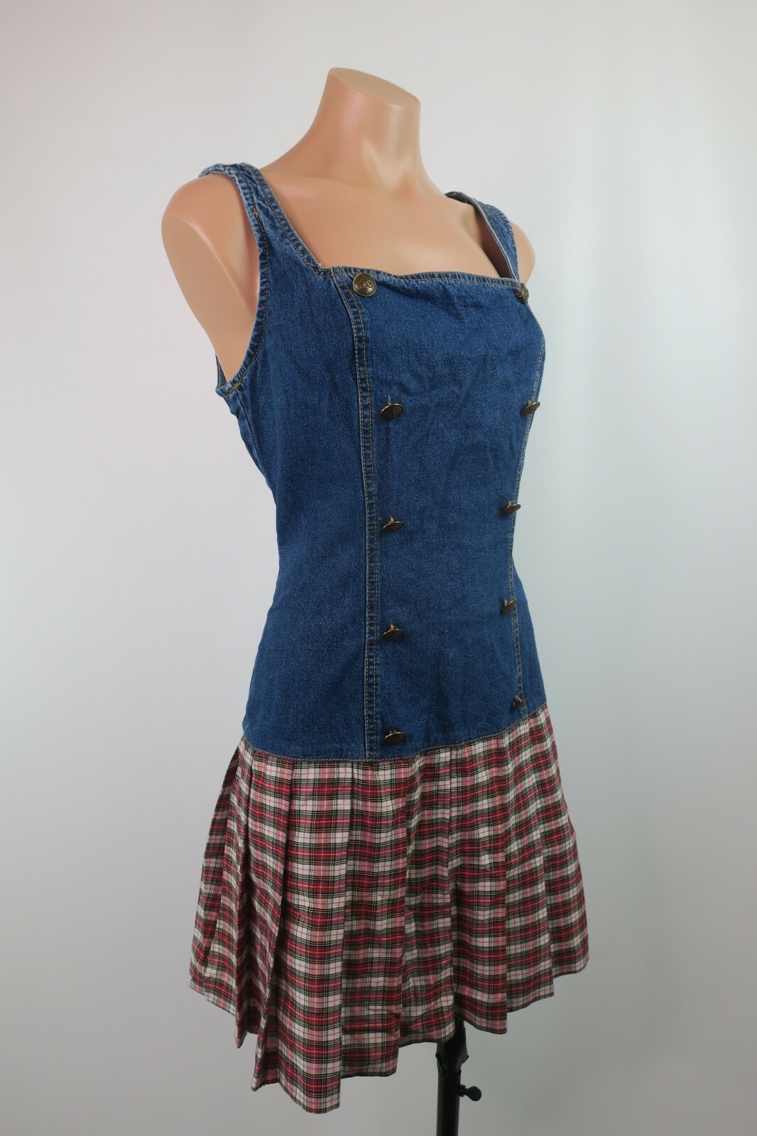 Plaid Pleated Rockabilly Grunge Dress y2k VTG 90s Paris Blues Denim Drop Waist