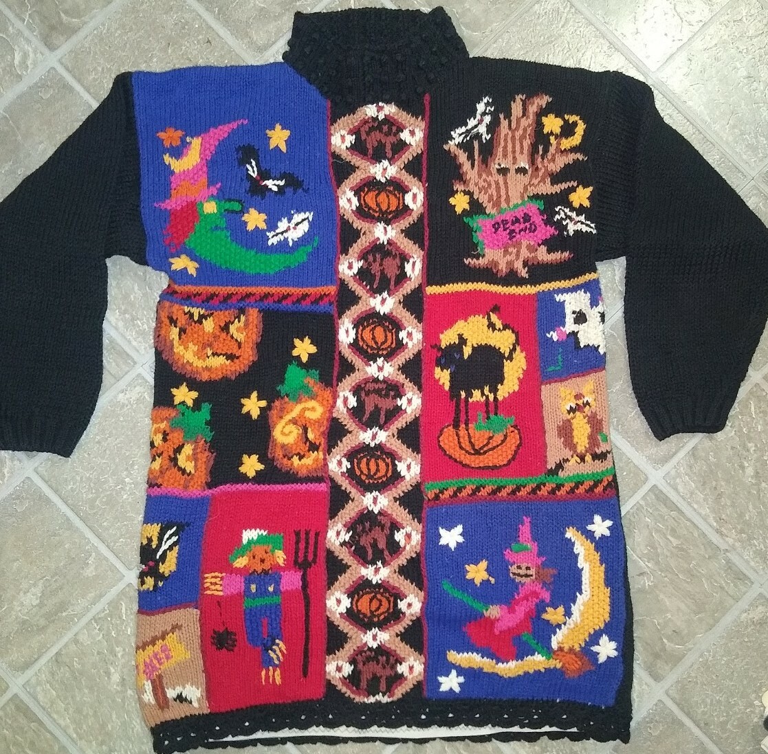 Vintage Beldoch Popper Halloween Fall Harvest Sweater ~ Pumpkin Witch Black Cat