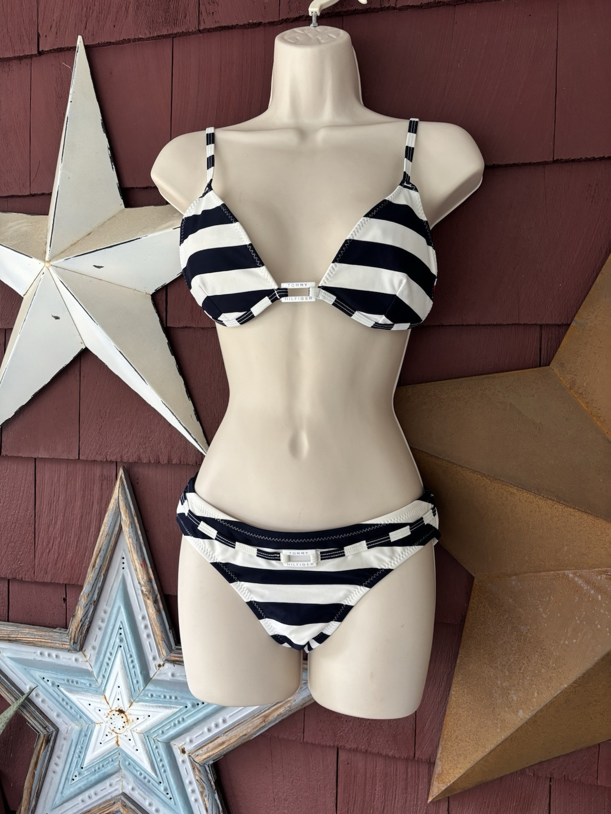 Vtg 90s Tommy Hilfiger 2 Pc Navy Blue Striped Bikini Bathing Suit Set Size L