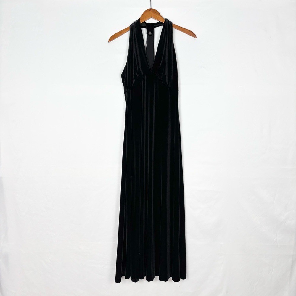 Vintage Mica Halter Velvet Maxi Dress Black Size 10 V Neck USA