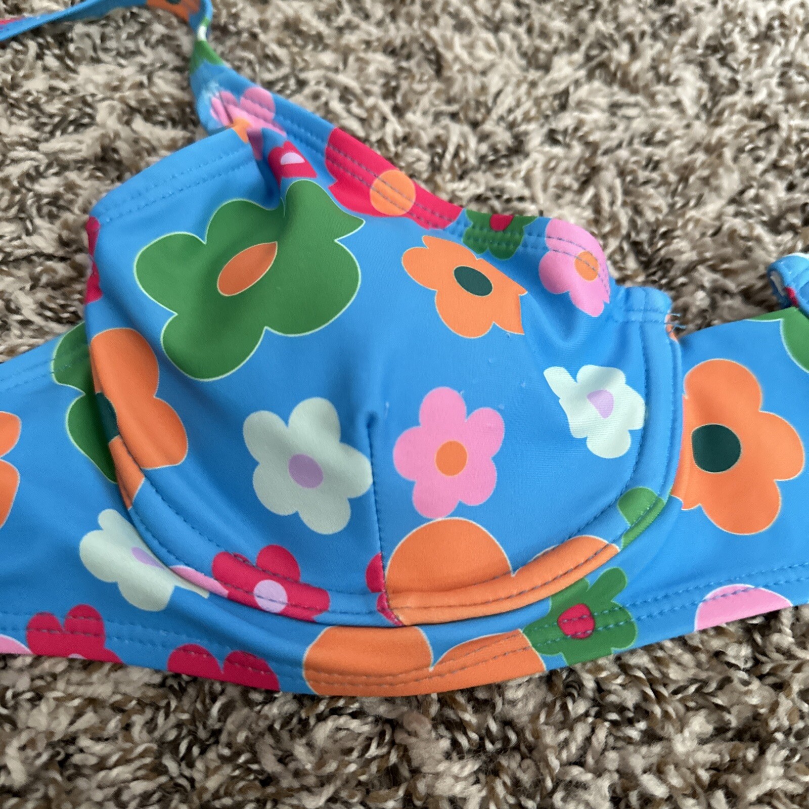 Vintage Style 60’s Women’s Bikini Blue Pink Orange Flowers Hippie High Waist M