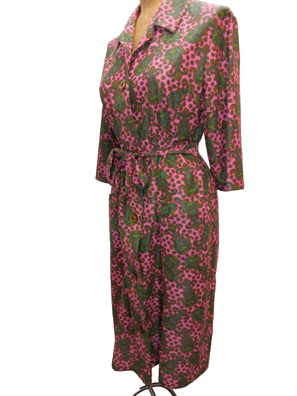 60s Pink Dark Green Blue Paisley Jersey Nylon Button Front Dress by Solida M/L