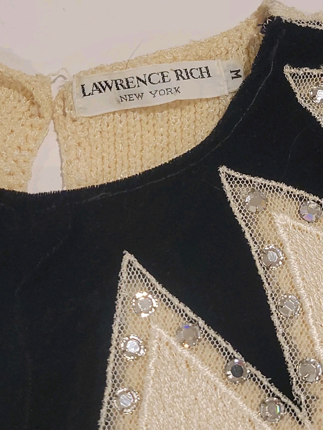 80s Ladies Sweater Lace Velvet Rhinestones Black Ivory Vtg Dressy Sz M New York
