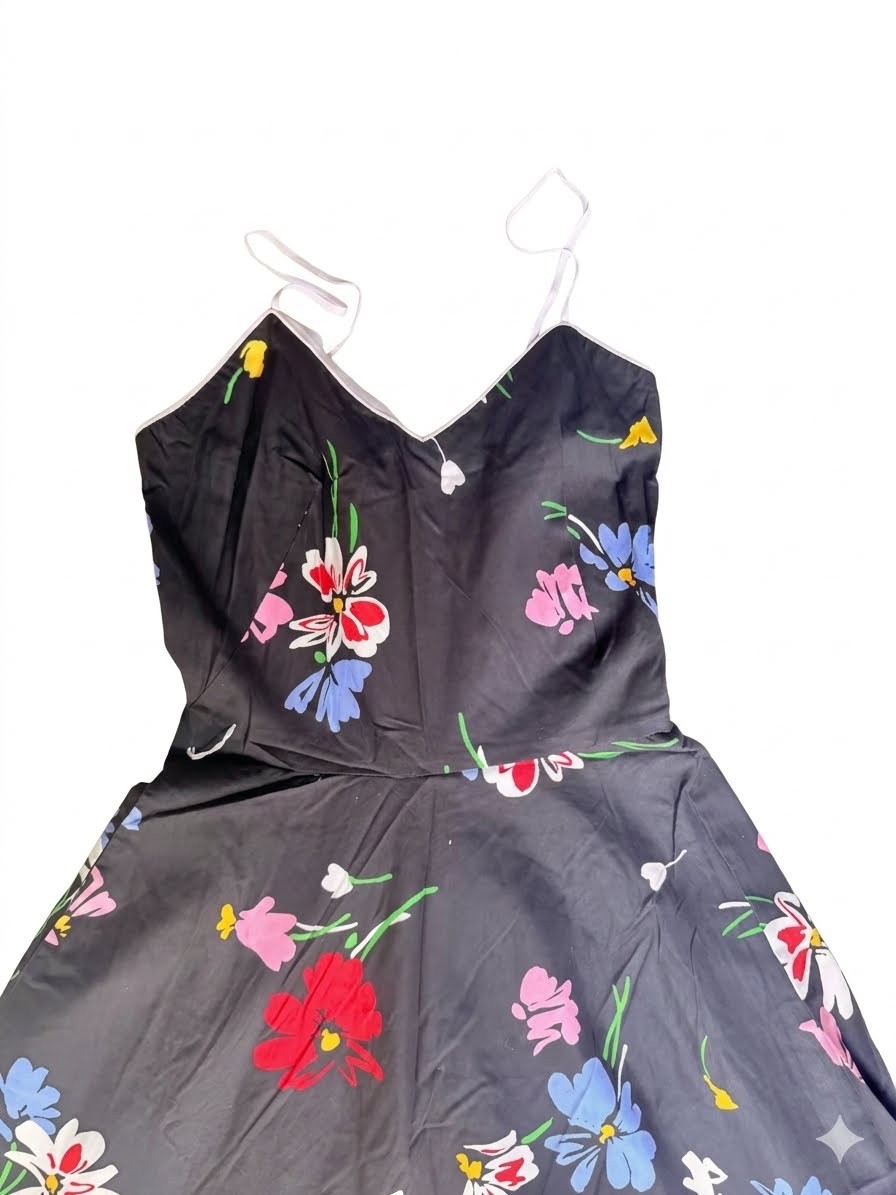 Vintage 60s Vincenti Black Floral Cotton Swing Dress Spaghetti Straps Size 4