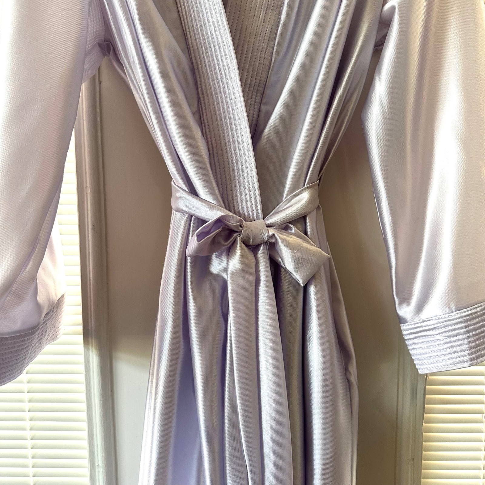Vintage NWT At HomeWear M Robe Pockets Lavender Satin Floor Length Long Maxi USA