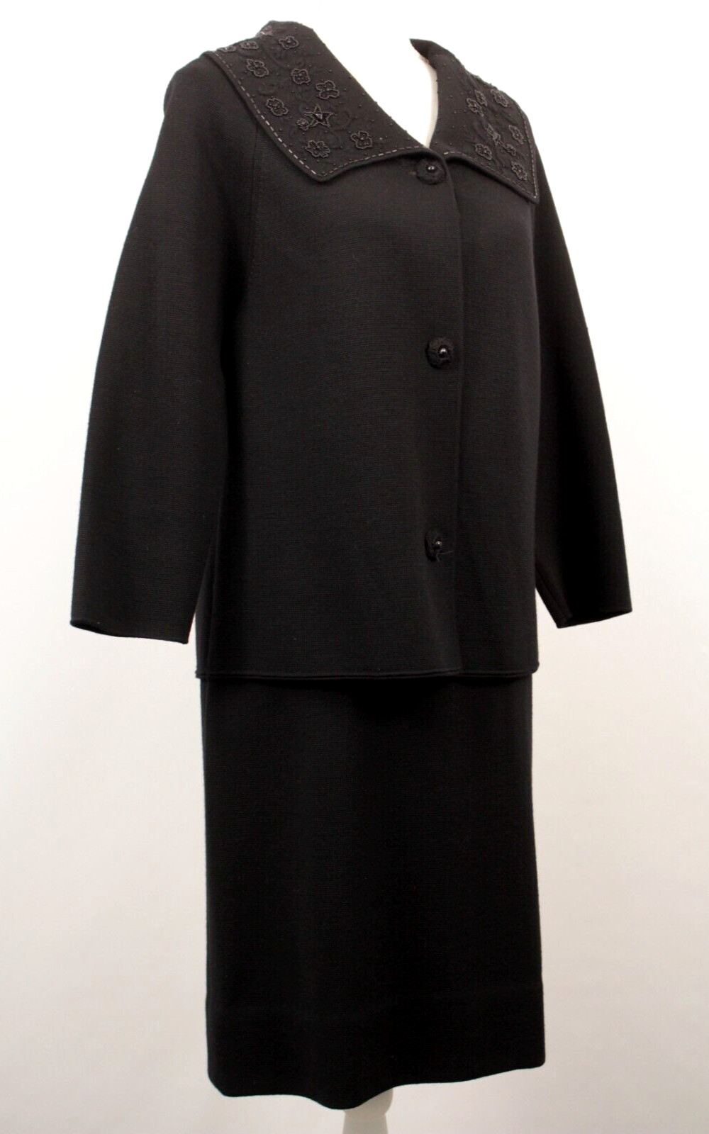 VTG Women’s 60s 2 PC Black Knit Beaded Dress Suit M/L 1960s Jacket & Skirt Set