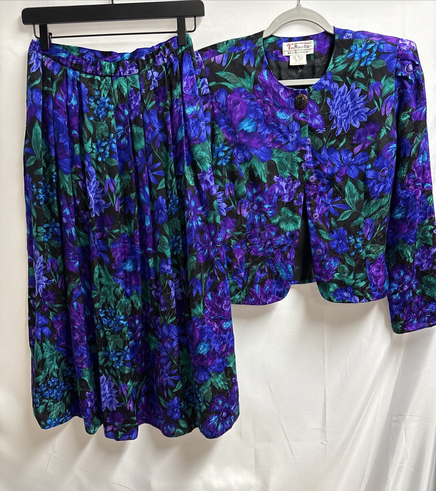 Vintage Talbots Maggy London 100% Silk Suit Size 8 Colorful Floral Purple
