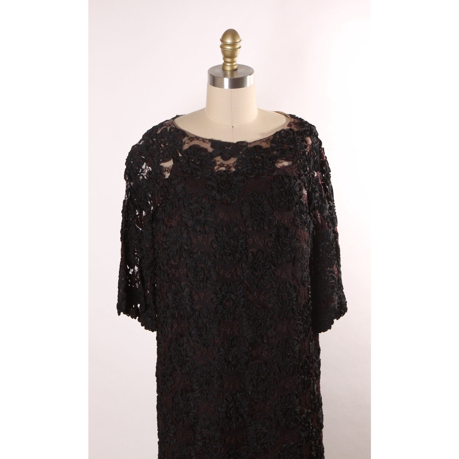 1960s Sheer Black Floral Lace Overlay Dress with Two Slips in Pink and Black