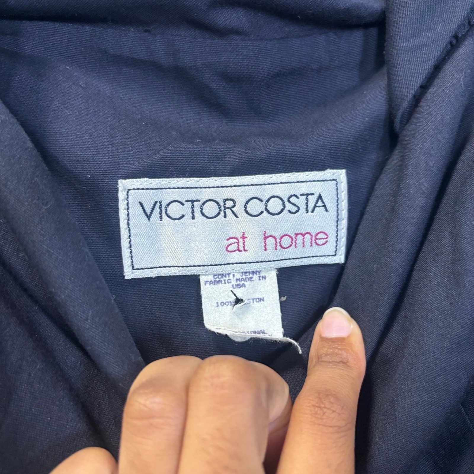Victor Costa at Home VTG Navy Cotton Maxi Dress Button Front Fit & Flare Medium
