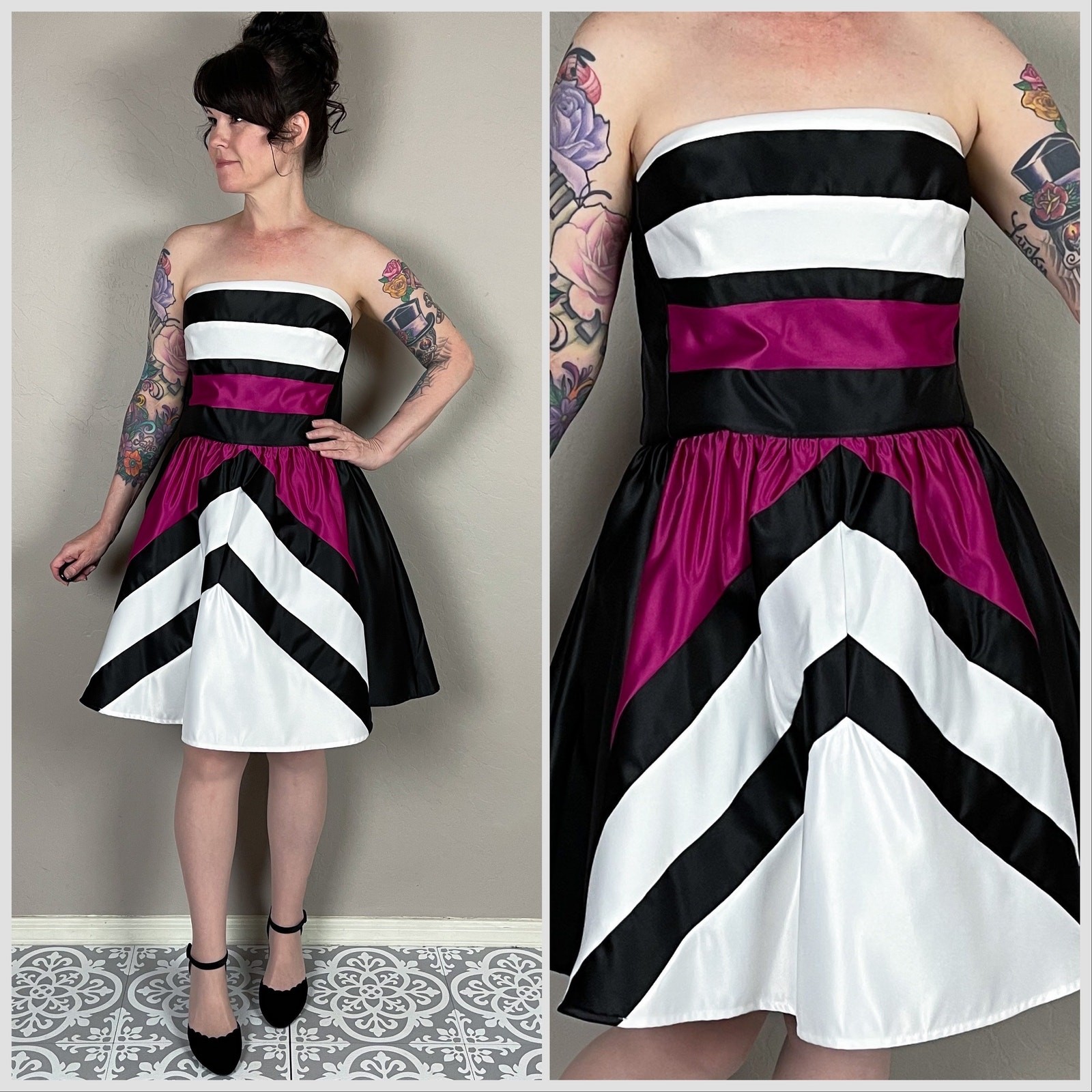Vintage Y2K Strapless Colorblock Fit and Flare Mini Prom Dress | 32″ Waist