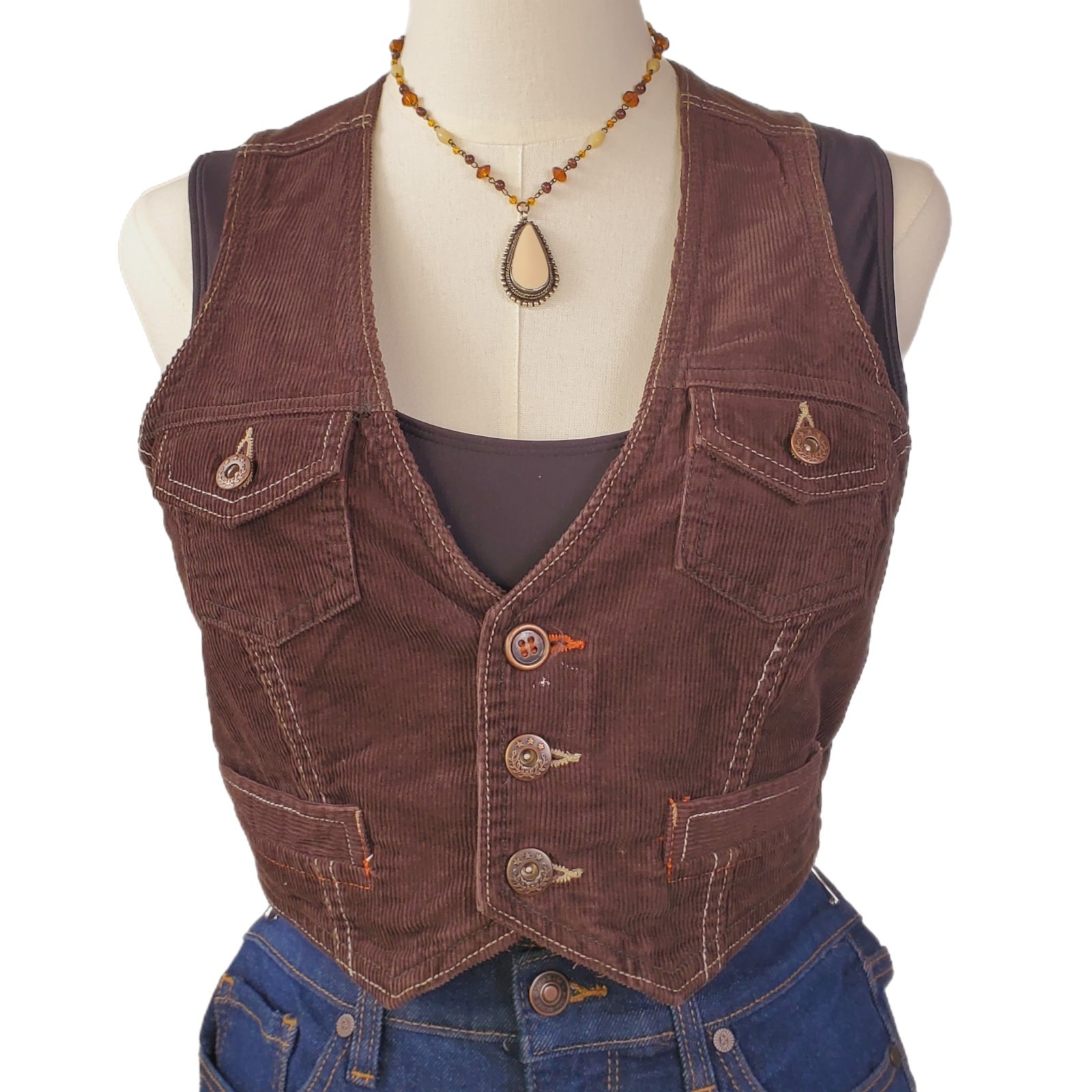 Vintage Y2K No Boundaries Cropped Corduroy Brown Women’s Vest Boho 90s