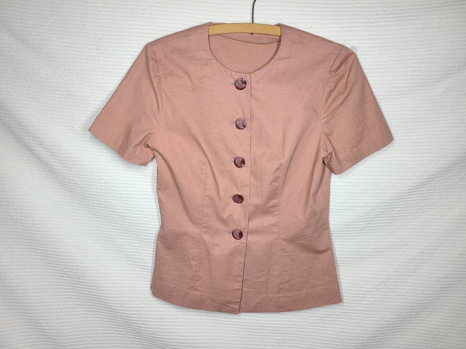 Vintage 50s Cotton Shirt S New Look High Neck Large Buttons Taupe Brown Retro