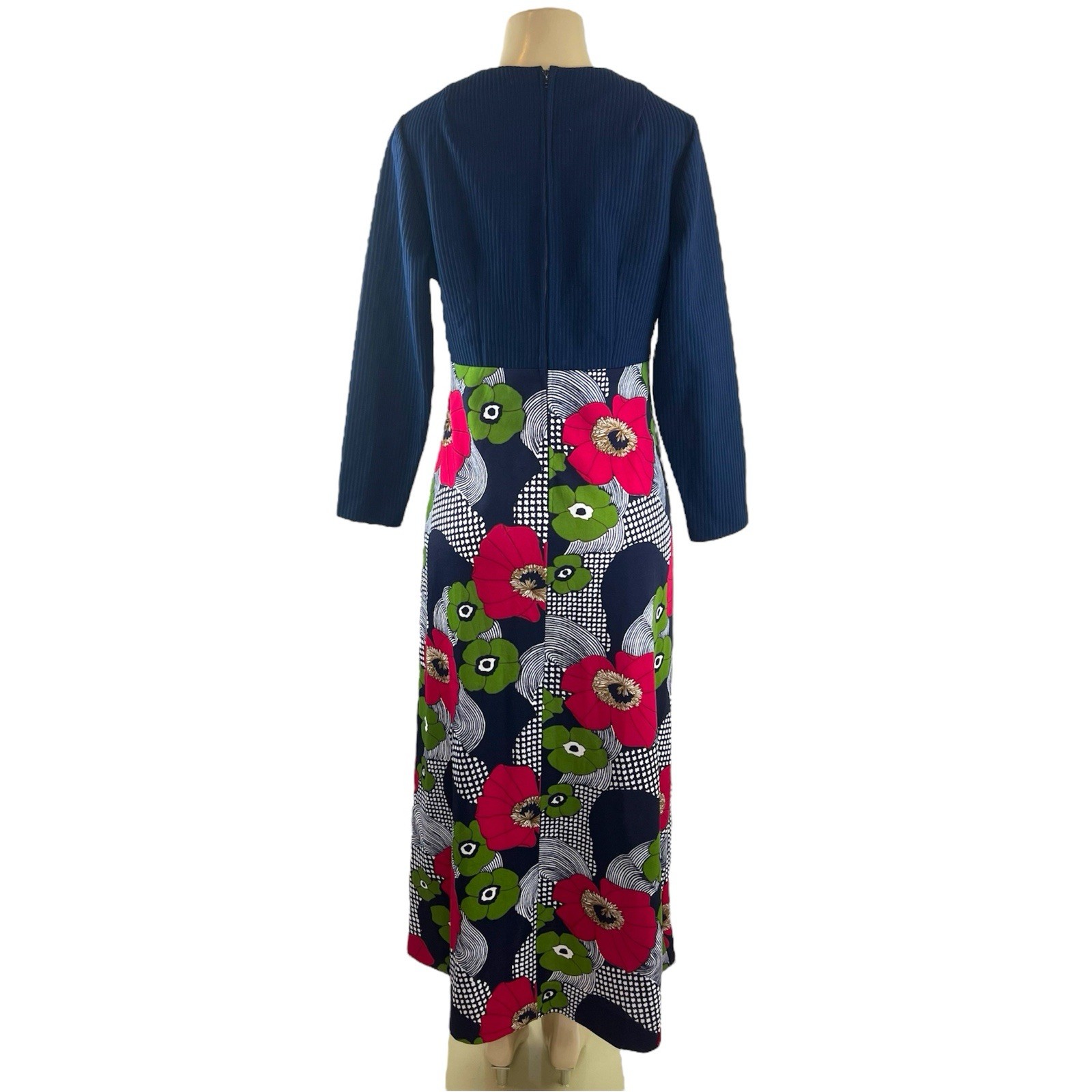 1960s Maxi Dress Vintage Floral Navy Blue Pink Green Hippie Groovy GoGo Eclectic