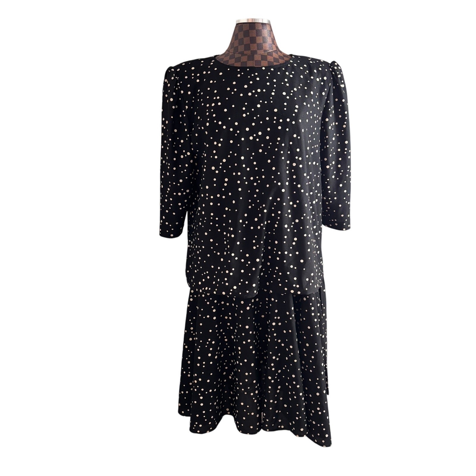 Vtg 80s California Looks Dress Size 16 Black White Polka Dot Layered Shift Retro