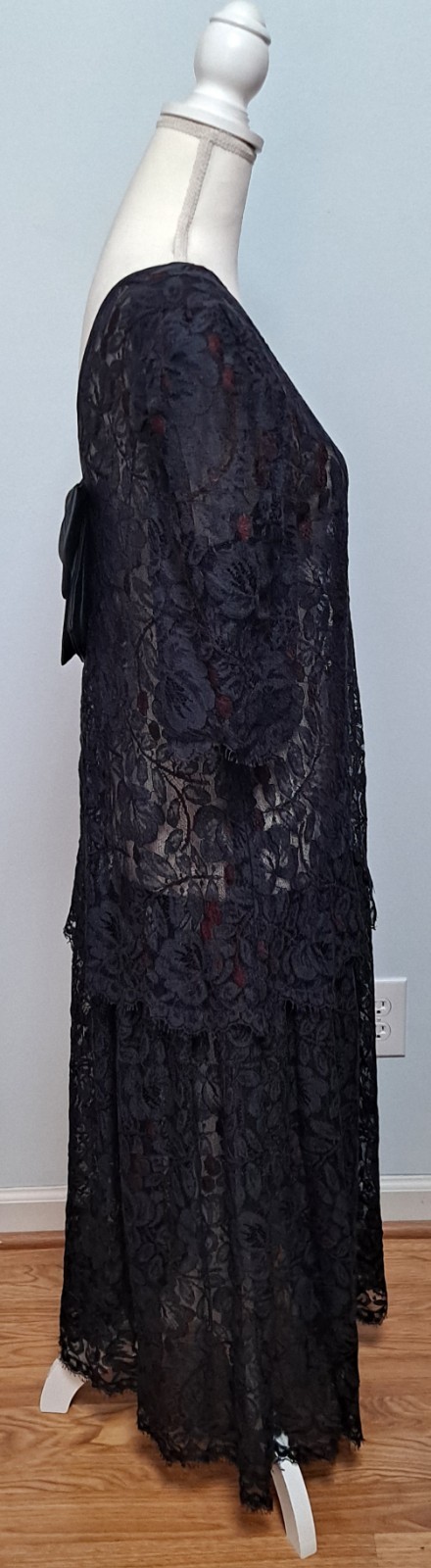 Vintage SG.GILBERT Sz 14 Black Drop Waist Sheer Lace Witchy Whimsy Goth Dress