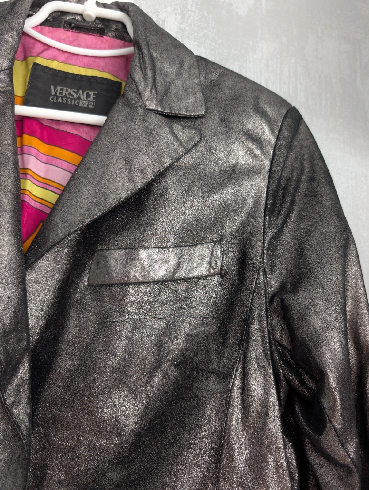 Versace Classic V2 Soft Shiny Leather Jacket Blazer Iridescent Metallic Gray M