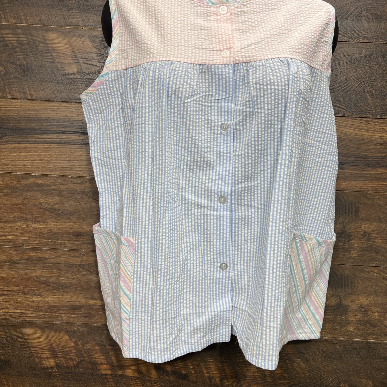 VGt Women Smock Shirt Large Utility House Sleeveless Granny Seersucker USA New