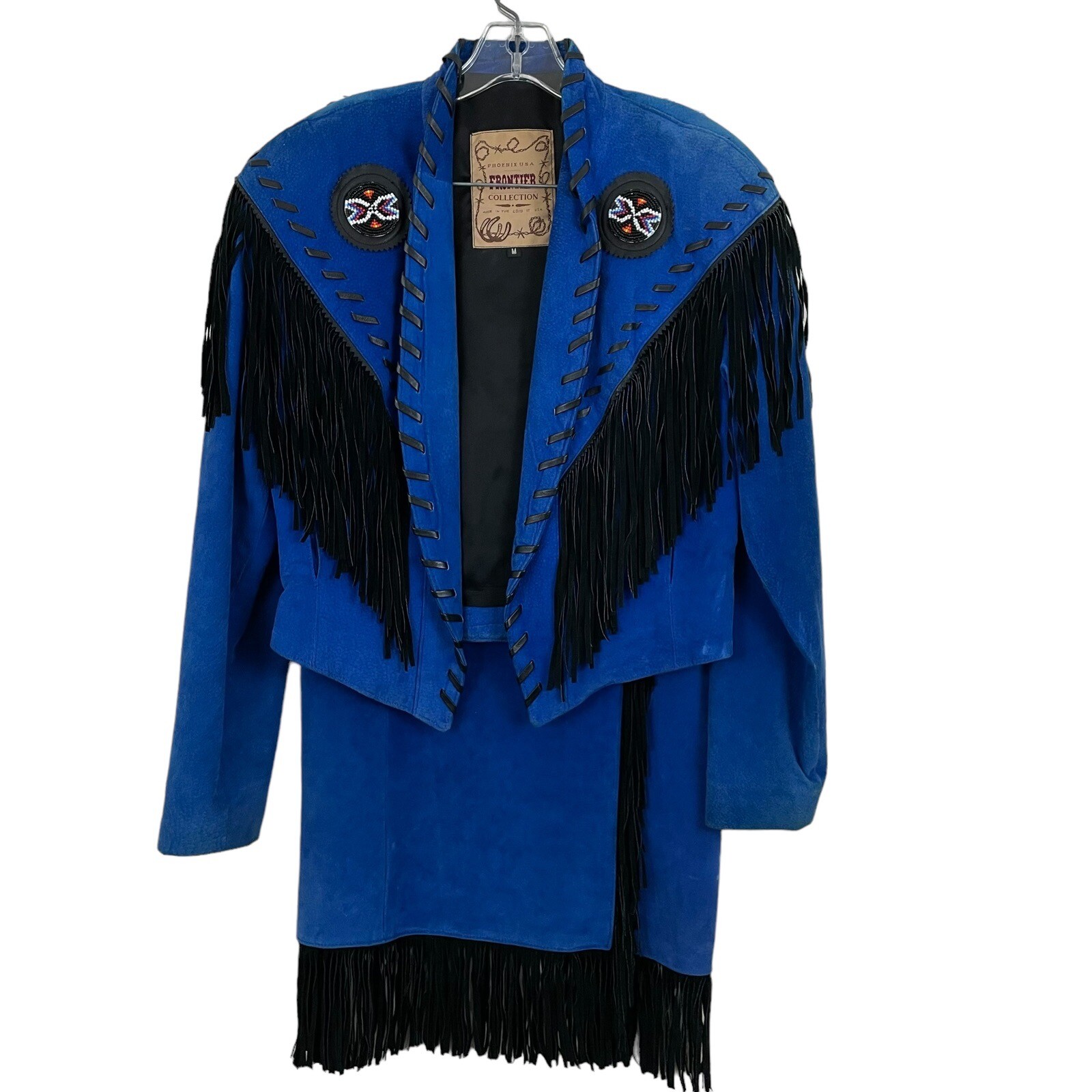 VTG 80s Western Phoenix Frontier Fringe Jacket Skirt S/M Blue Suede Bead Outfit