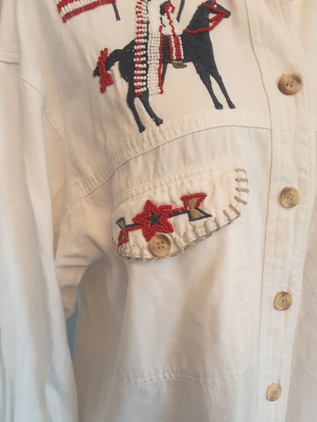 VTG/RARE•BEADED WESTERN SHACKET•INDIAN CHIEFS•HORSES•FLAGS•SZ S-M•CAMBRIDGE CO.