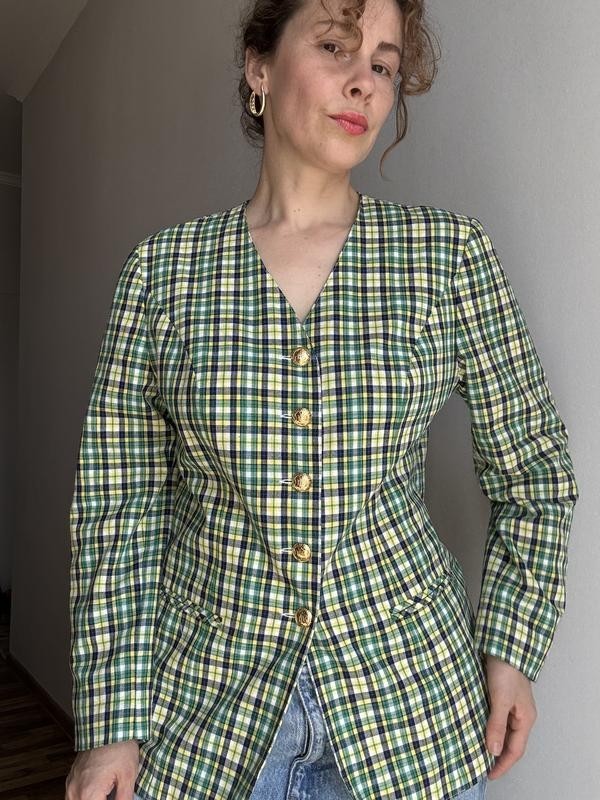 FAIR LADY vintage green yellow checked jacket with gold buttons size M