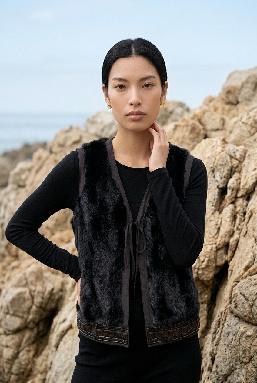 Fall/winter Faux Fur Suede Beaded Vest By Sisley Made In Italy 🇮🇹