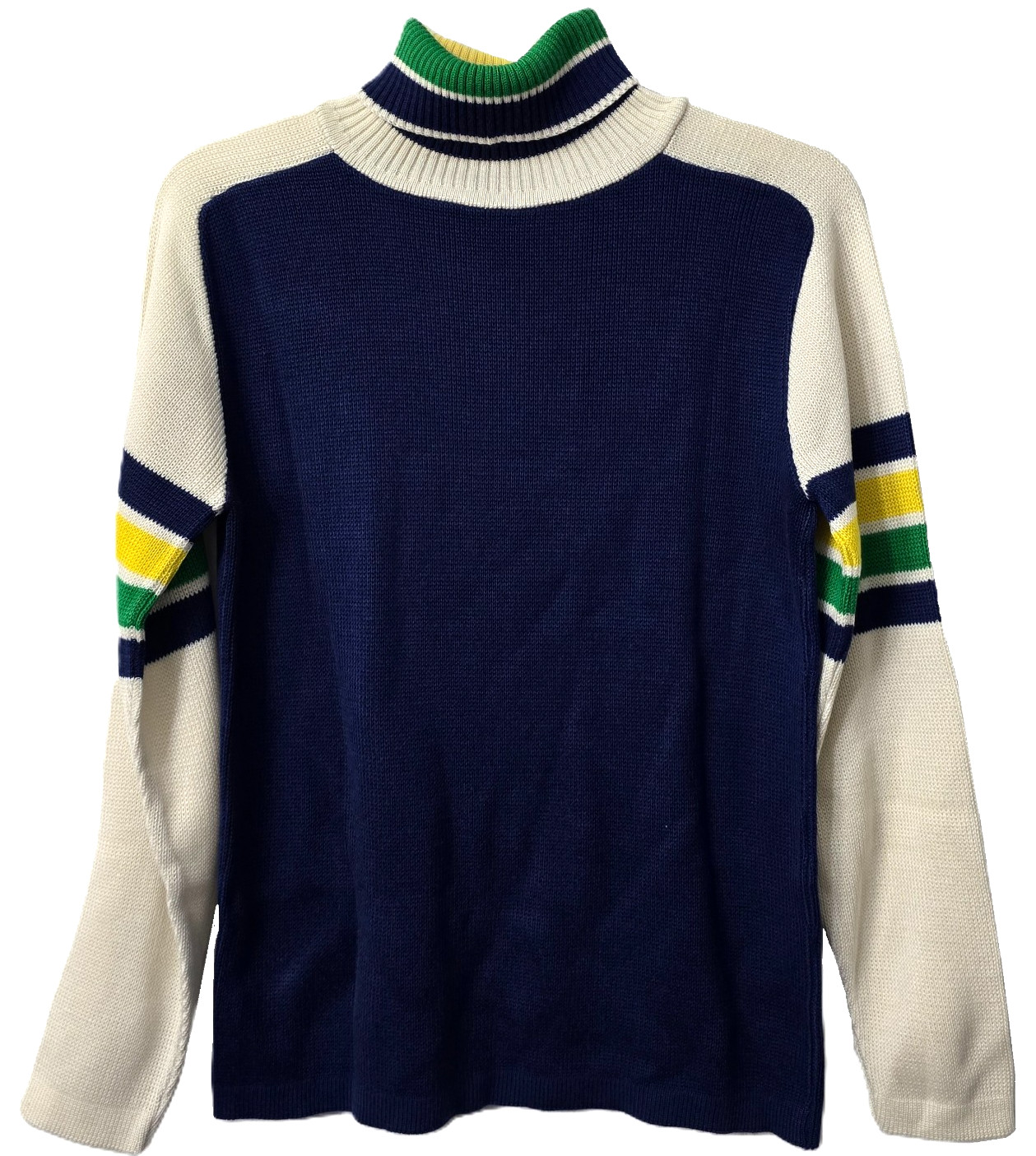 Vintage Knit Ski Turtleneck Sweater M L Colorblock Stripe Blue Yellow 70s 80s