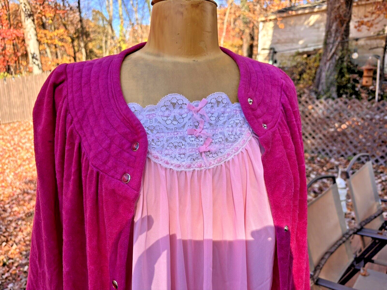 Dan Ellen Snap Button Hot Pink Terry Robe Housecoat w Pale Pink + Lace Gown