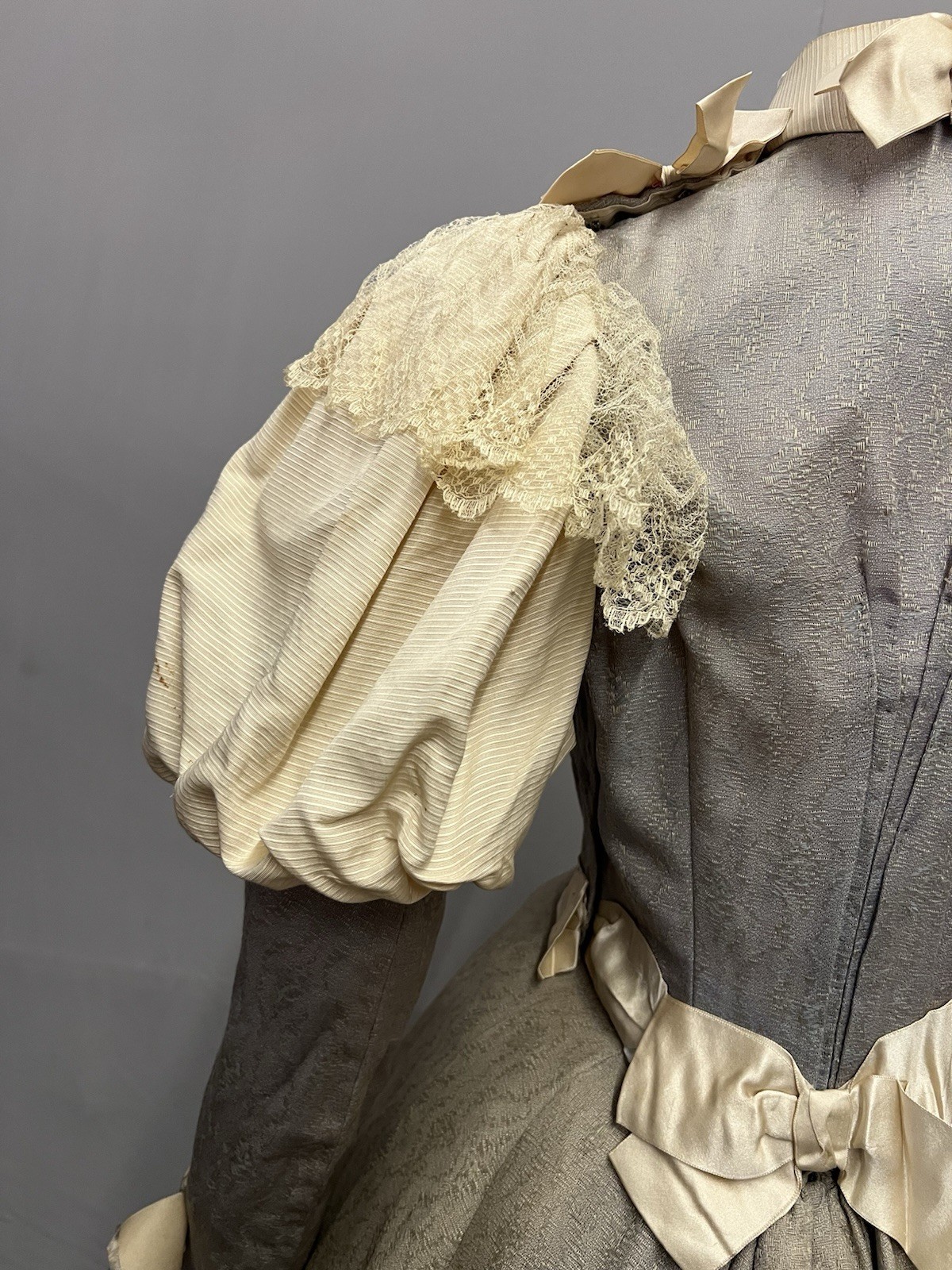 1880’s Gray & Ivory Silk Bustle Gown