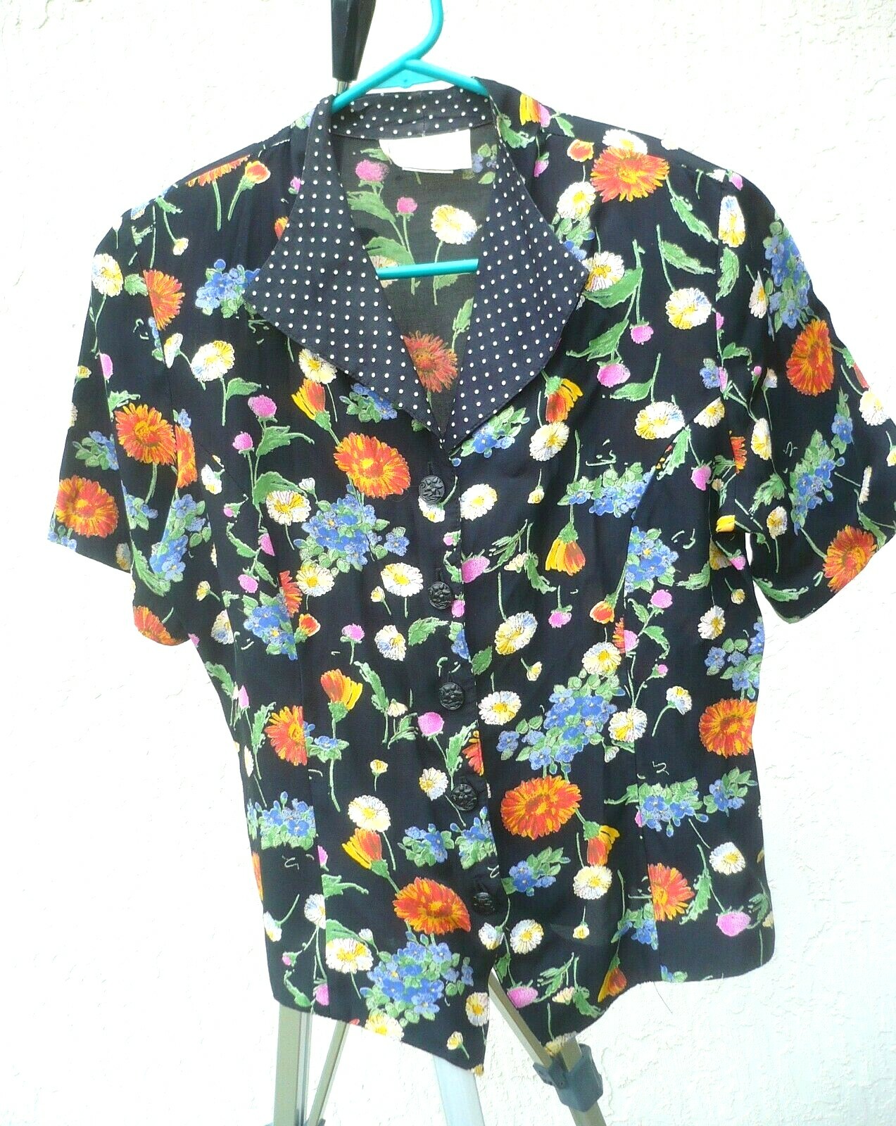 VTG 90S M PETITE SOPHISTICATE USA BRIGHT COLORFUL FLORAL POLKA DOT COLLAR BLOUSE