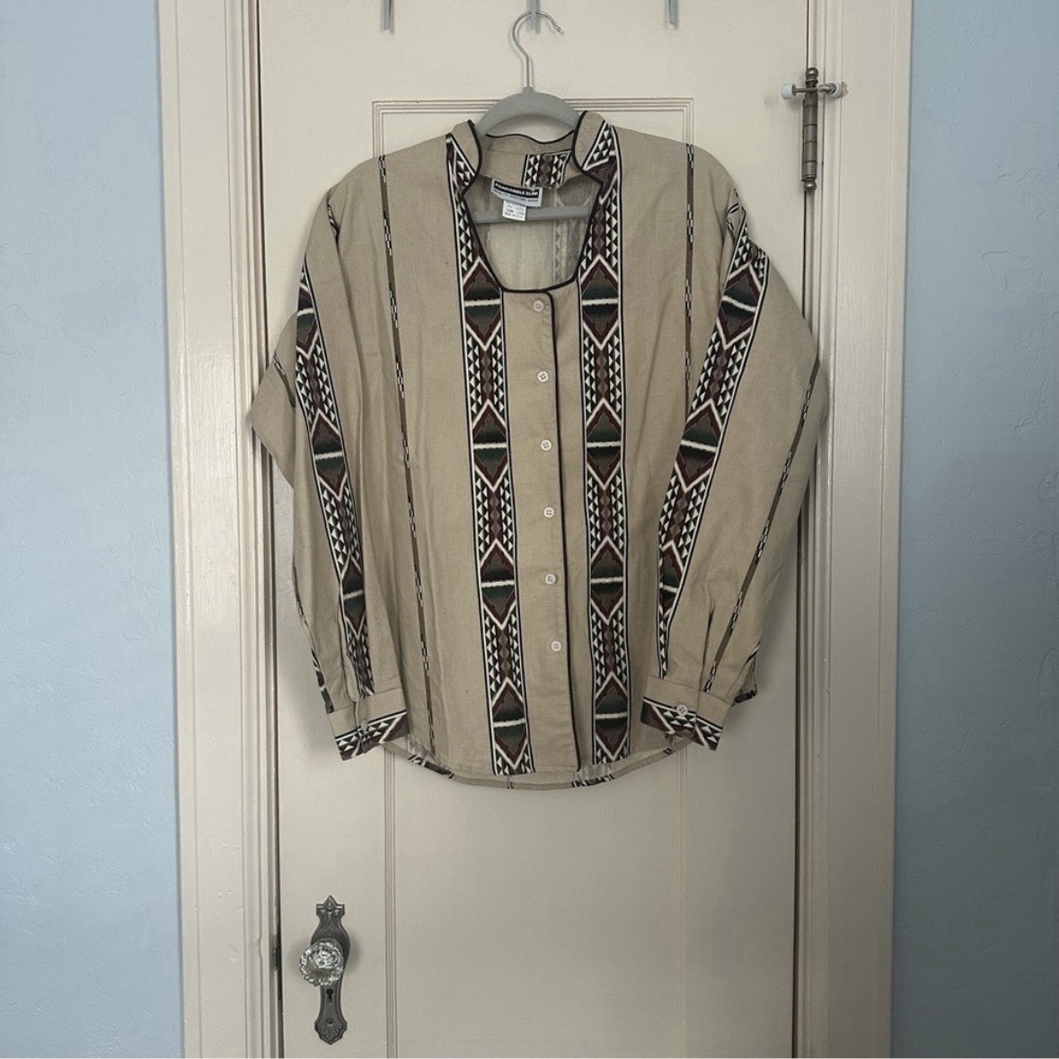Vtg Panhandle Slim Aztec Shirt Tan & Brown Rare Scoop Neck Western Cosplay Sz M