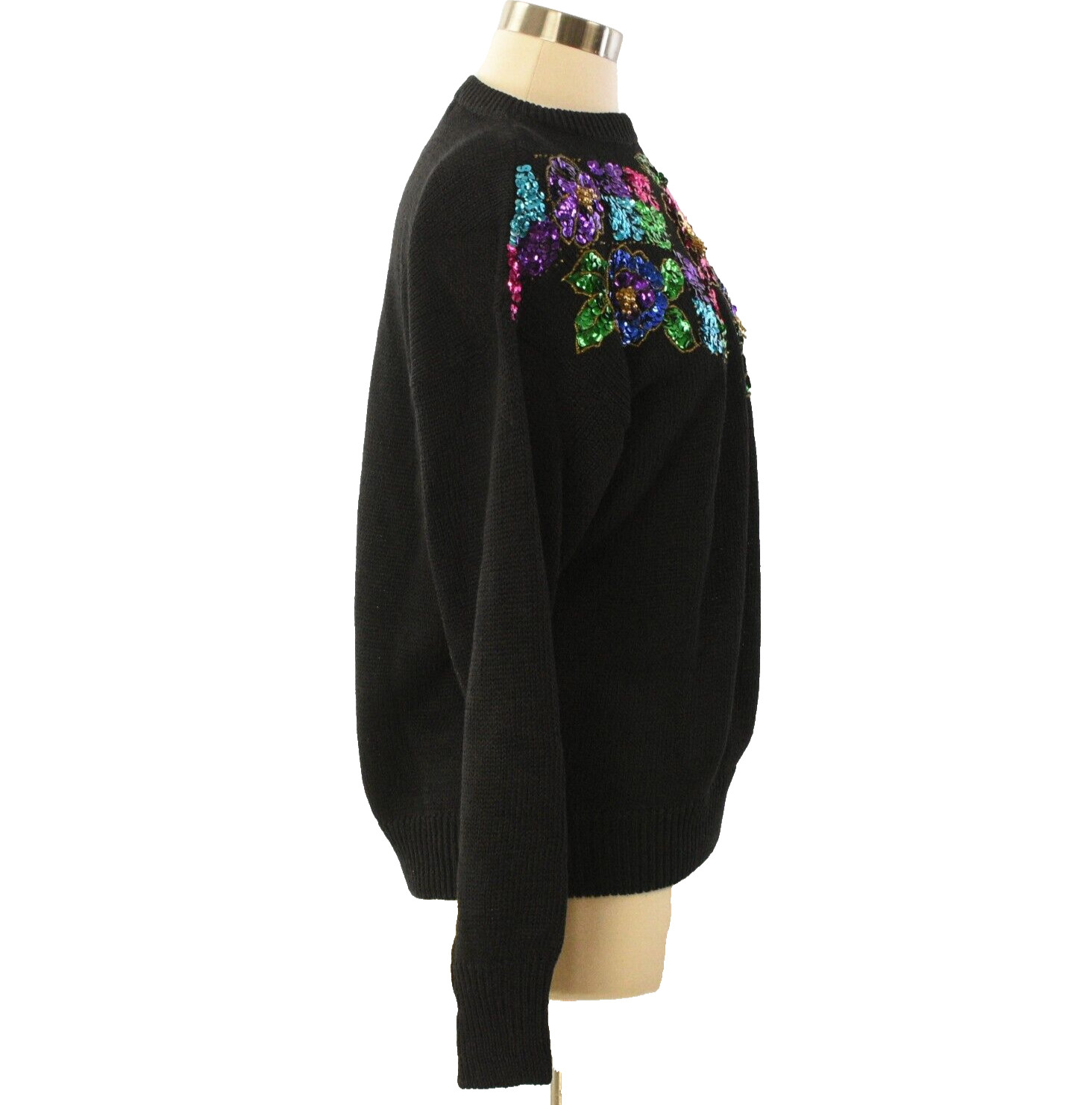 90s Vintage Floral Sequin Sweater Womens M Black Green Boho Holiday Christmas