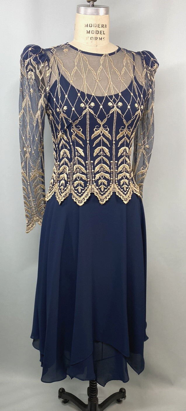 Vintage Dress SIZE SMALL 7 /8 navy blue gold CACHET lace 70s 80s 40s georgette