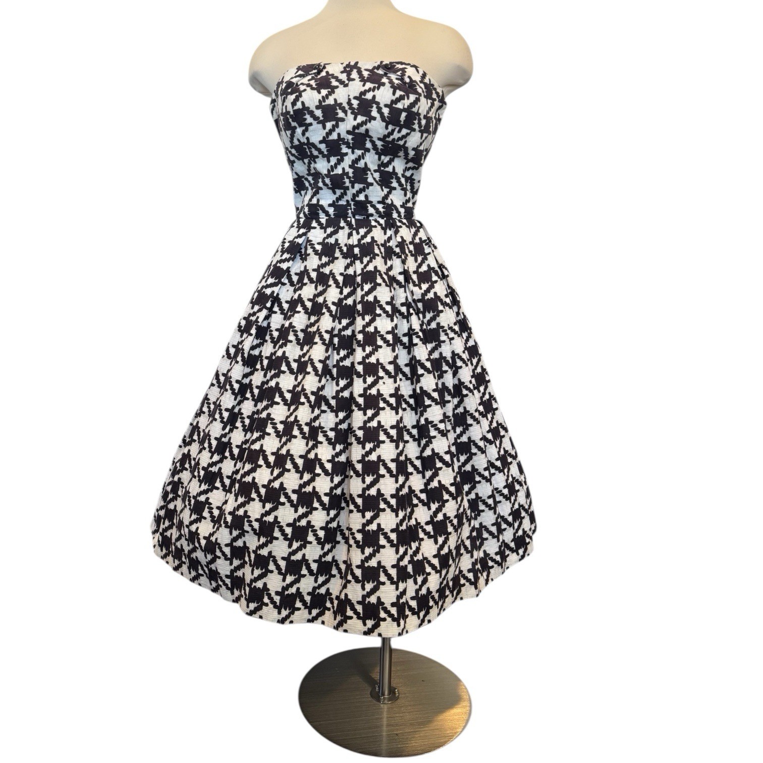 Vintage 50s Houndstooth Check Strapless New Look Fit & Flare Party Dress Town M