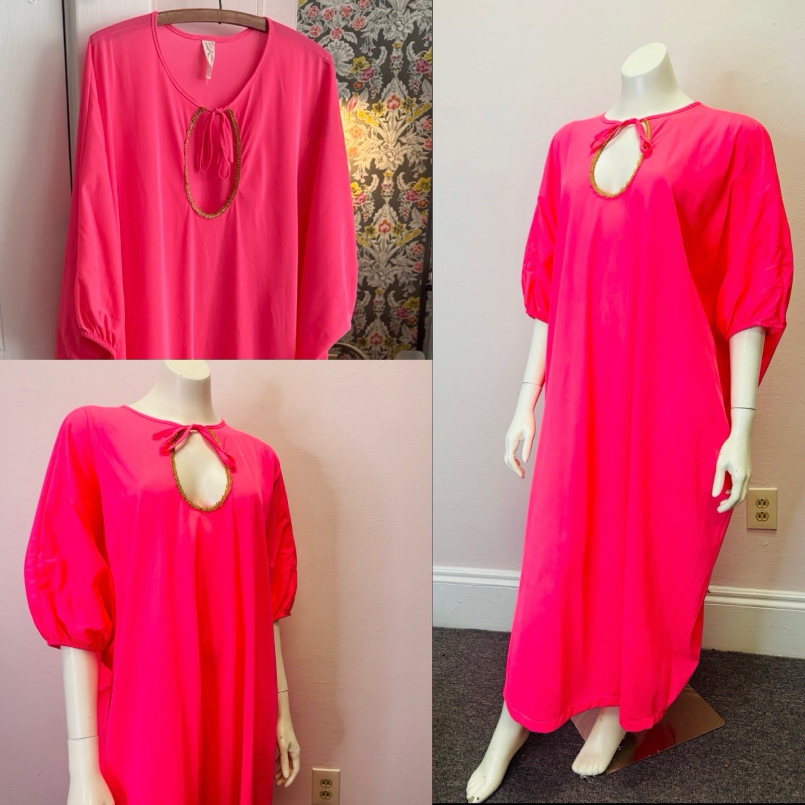 Vintage 60’s 70’s Hostess Caftan Nightgown Nylon Day-glo Pink Maxi Dress Onesize