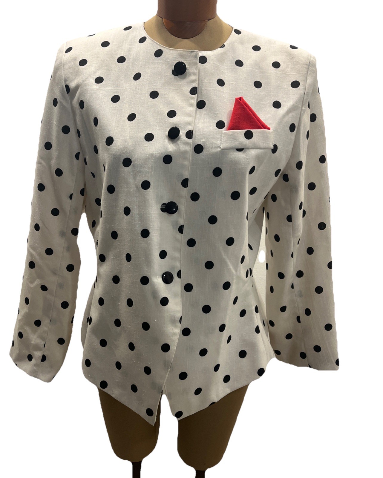 Vintage Size 14 Polka Dot Blazer Jacket 80s 90s Collarless Rayon White Black.