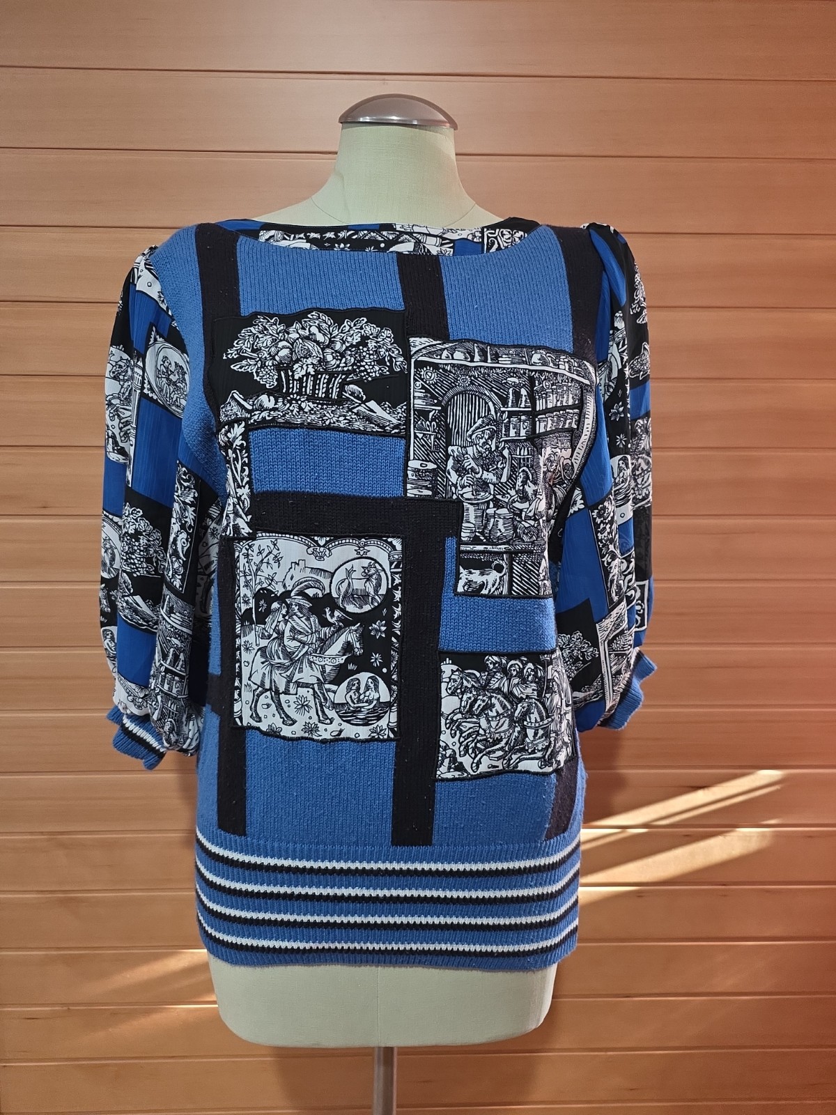 Vintage 1980s Diane Freis Blue White Black Knit Sweater Mideval Patchwork Print