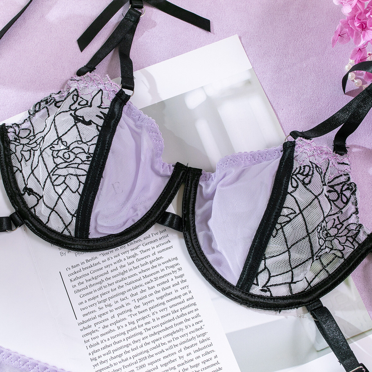 Sexy Embroidered Mesh Lace Bras Set, Butterfly Patchwork, Perspective Lingerie
