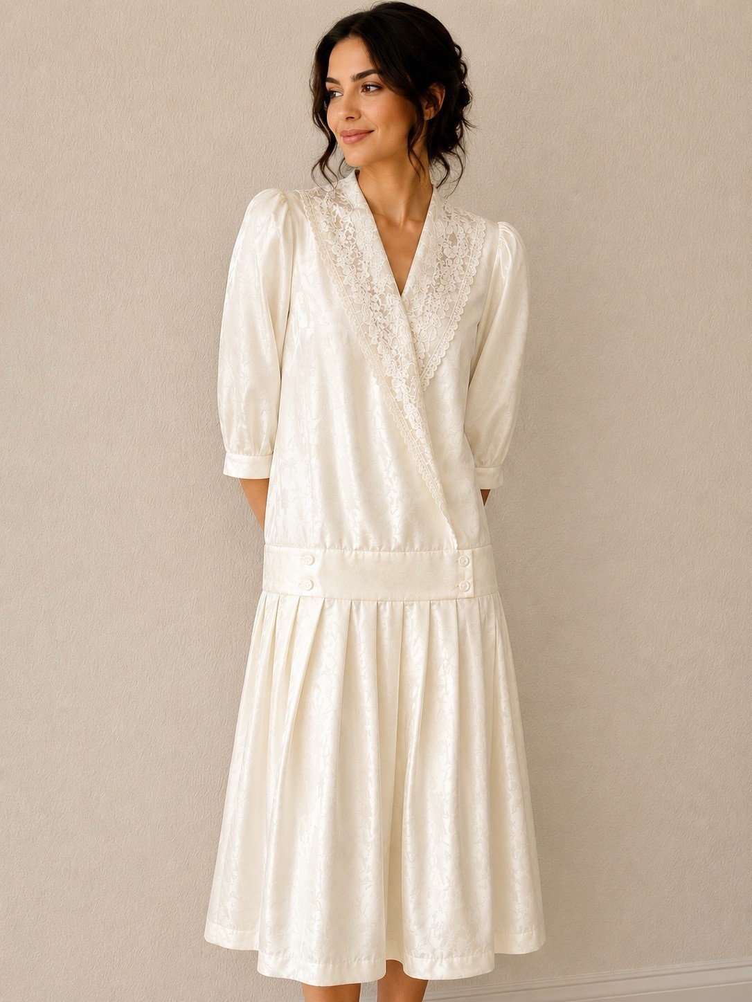 Vintage Greatest Teams Ivory Lace Prairie Midi Dress Womens 12T USA Cottagecore