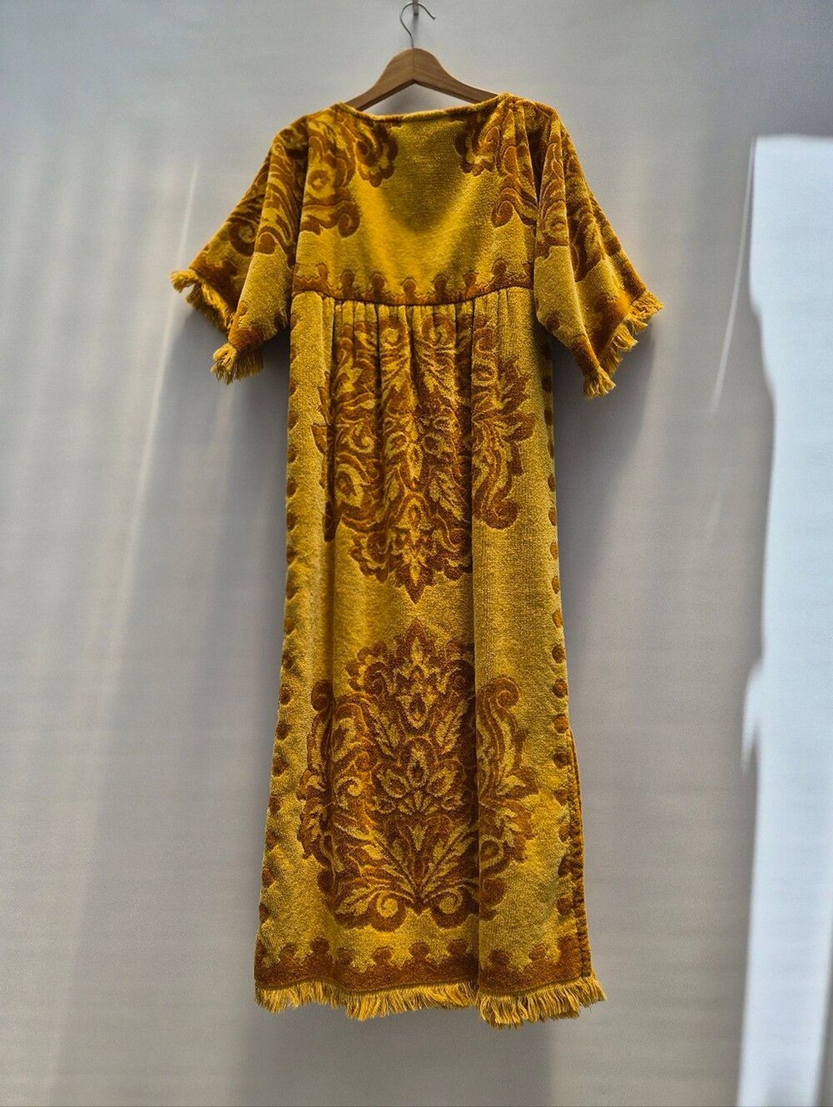 Robes of California Vintage 70s Terry Cloth Towel Dress Small Gold Boho Caftan