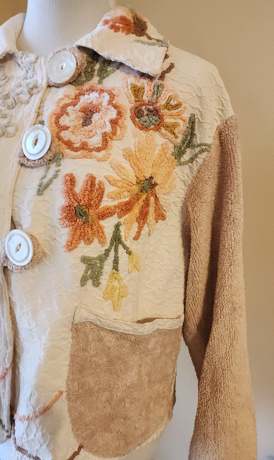 VTG Chenille Jacket Blanket Coat Bedspread Robe Deep Pile Floral 90s Does 50s